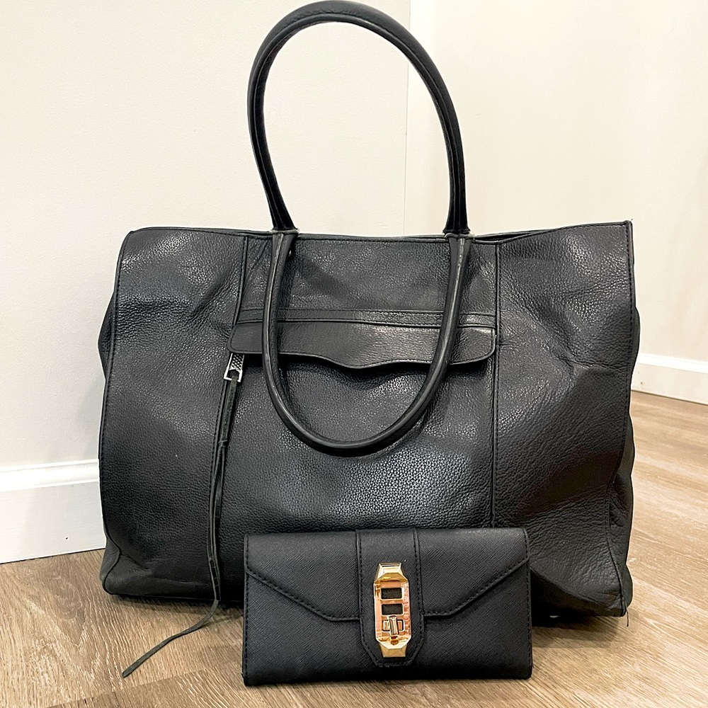REBECCA MINKOFF✨XL Classic Black Leather Tote & Turnlock Trifold Wallet